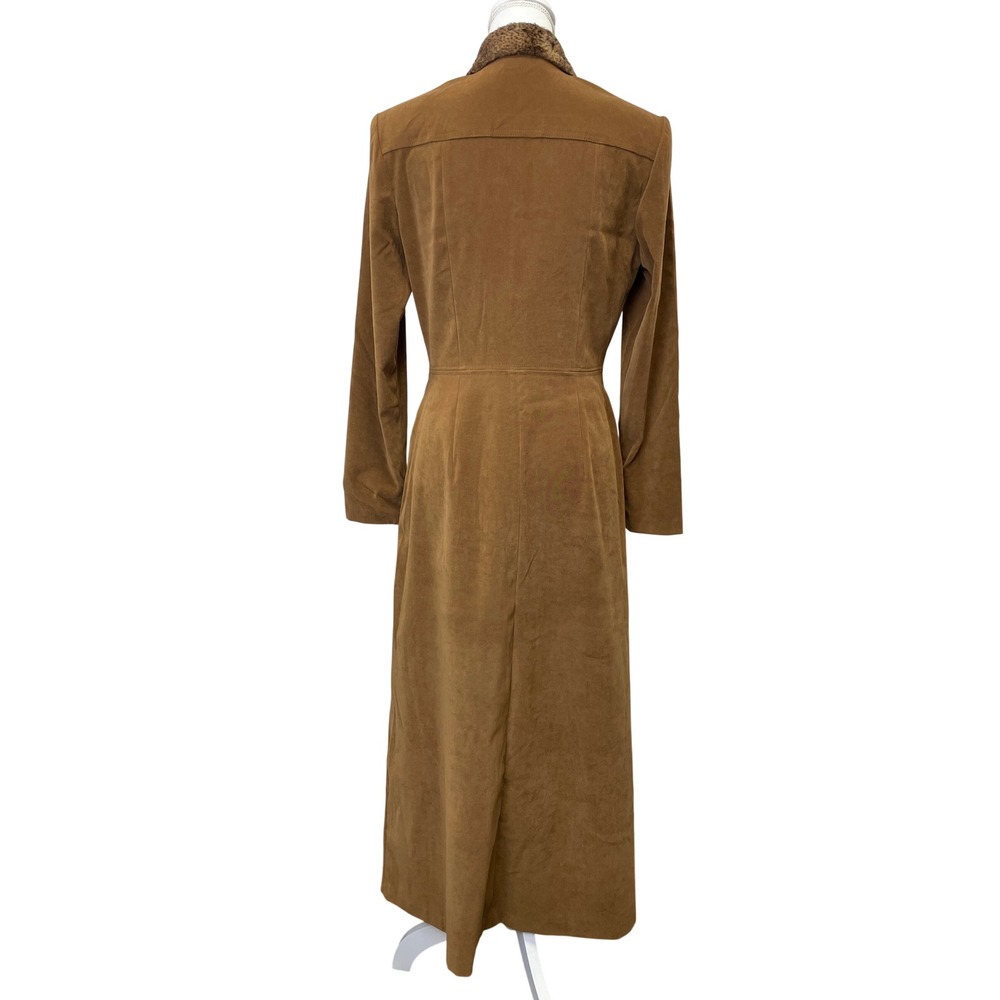 VTG Liz Claiborne Faux Suede Maxi Dress 10 Tan Brown Leopard Faux Fur Collar - Picture 3 of 16